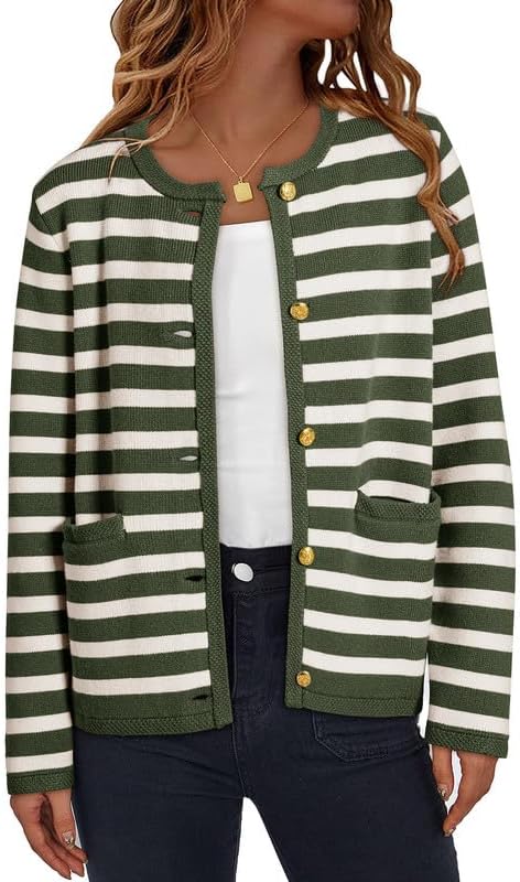 Dokotoo Women's 2026 Fashion Casual Crew Neck Open Front Long Sleeve Chunky Knit Striped Cardigans Sweaters Outerwear Coats