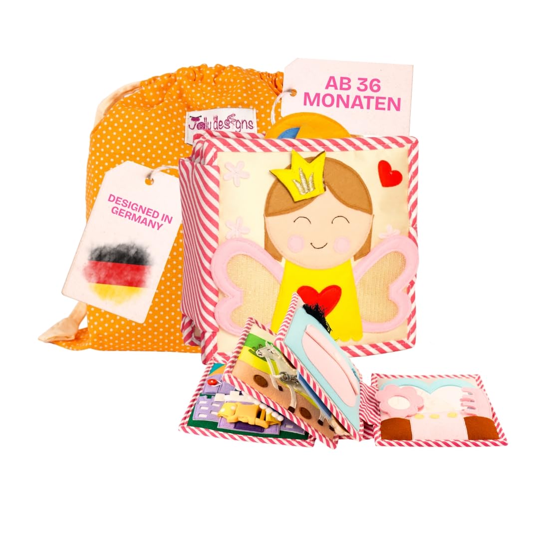 Jolly Designs Mini Quiet Book Kleine Prinzessin – Montessori Spielzeug ab 36 Monaten – Sensorisches Stoffbuch für Kinder – Handgemachtes Busy Book mit 6 Aktivitätsseiten