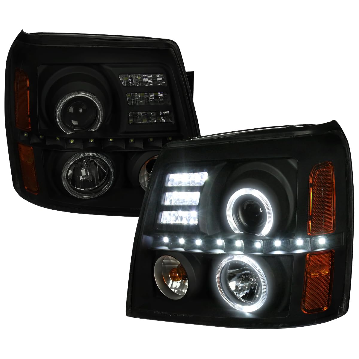 SPEC-D TUNING Black Smoke Halo Projector Headlights w/LED Compatible with 2002-2006 Cadillac Escalade All, Left + Right Pair Headlamps Assembly