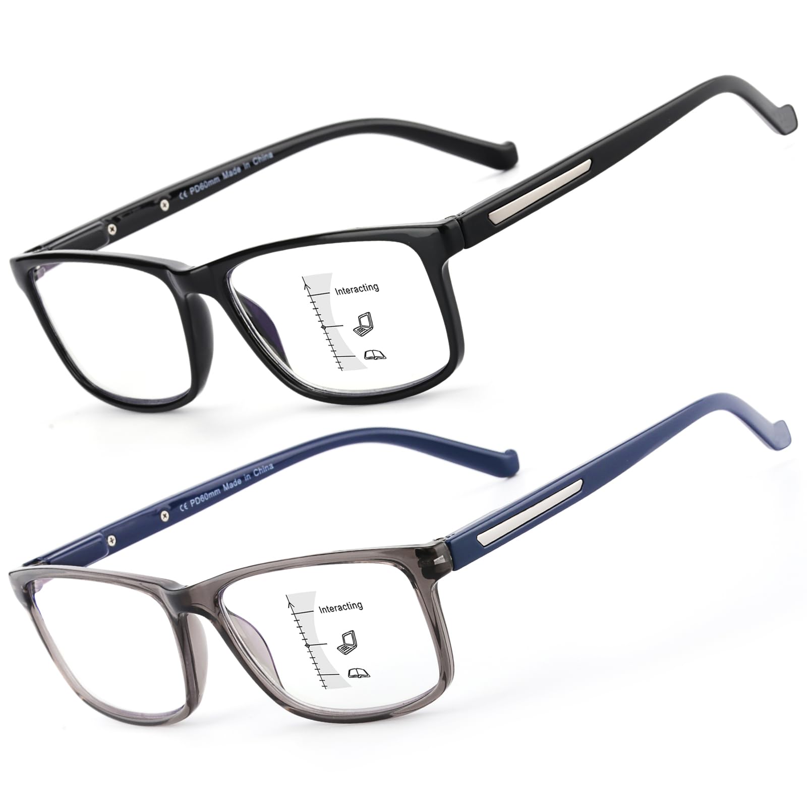 2 Pack Prescription-Quality Durable Frame Progressive Reading Glasses, Blue Light Blocking Multifocus Readers, Flexible Spring Hinge Mens Multifocal Computer Eyeglasses (Workspace Range 3ft, 2.5)