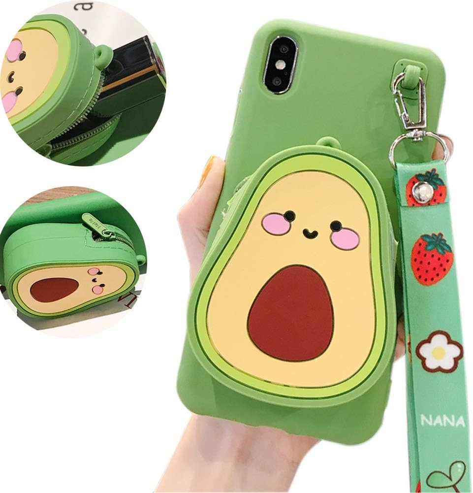 IPLUS 3D Cartoon Wallet Case for iPhone 8 Plus / 7 Plus, Cute Fruit Mini Bag Design, Coin Purse Soft Silicone Case Cover with Stand & Long Shoulder Strap (Avocado, iPhone 8 Plus / 7 Plus)
