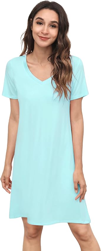 WiWi Women Nightgown, Bamboo Viscose Short Sleeve VNeck Sleep Dress,S-4X