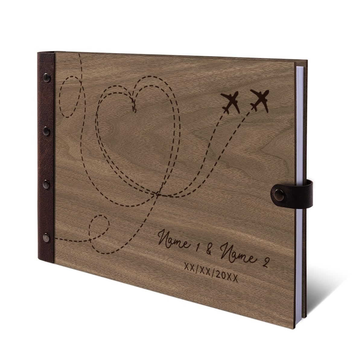 Personalisiertes Hochzeit Gästebuch echtes Holz DIN A4 Erinnerungsbuch mit Lasergravur - Flugzeuge - mit 72 Blatt / 144 Seiten Naturpapier Weiß