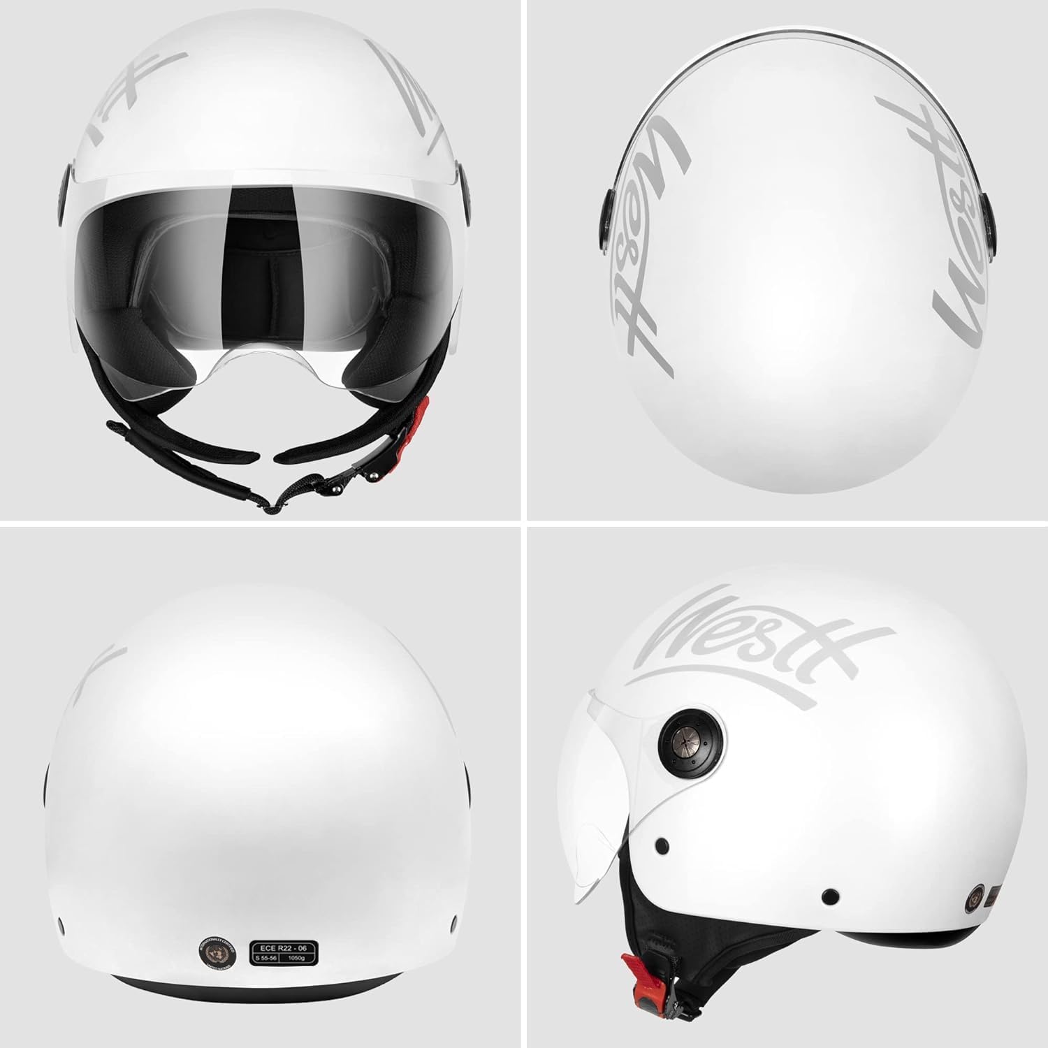 WESTT Classic Casco Moto jet con visiera Casco scooter uomo donna casco Vespa caschi moto jet vintage motorino, nero, grigio, bianco, Certificato ECE DOT, S-XL (Bianco, M (57-58 cm))