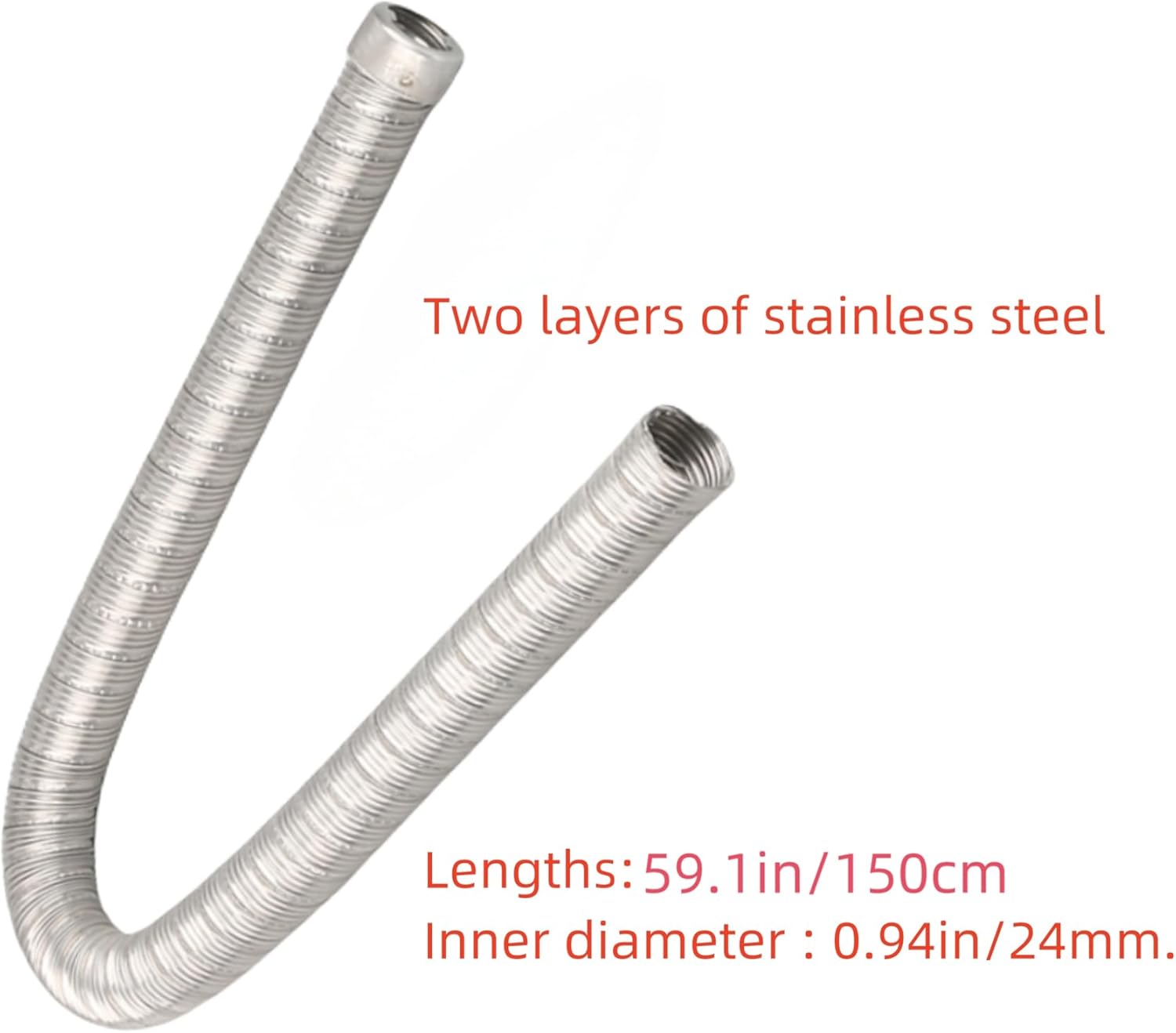 Double layer stainless steel spiral corrugated exhaust pipe, With clamps,parking heater, exhaust hose, diesel heating exhaust pipe (ID:0.94in L:59.1in)