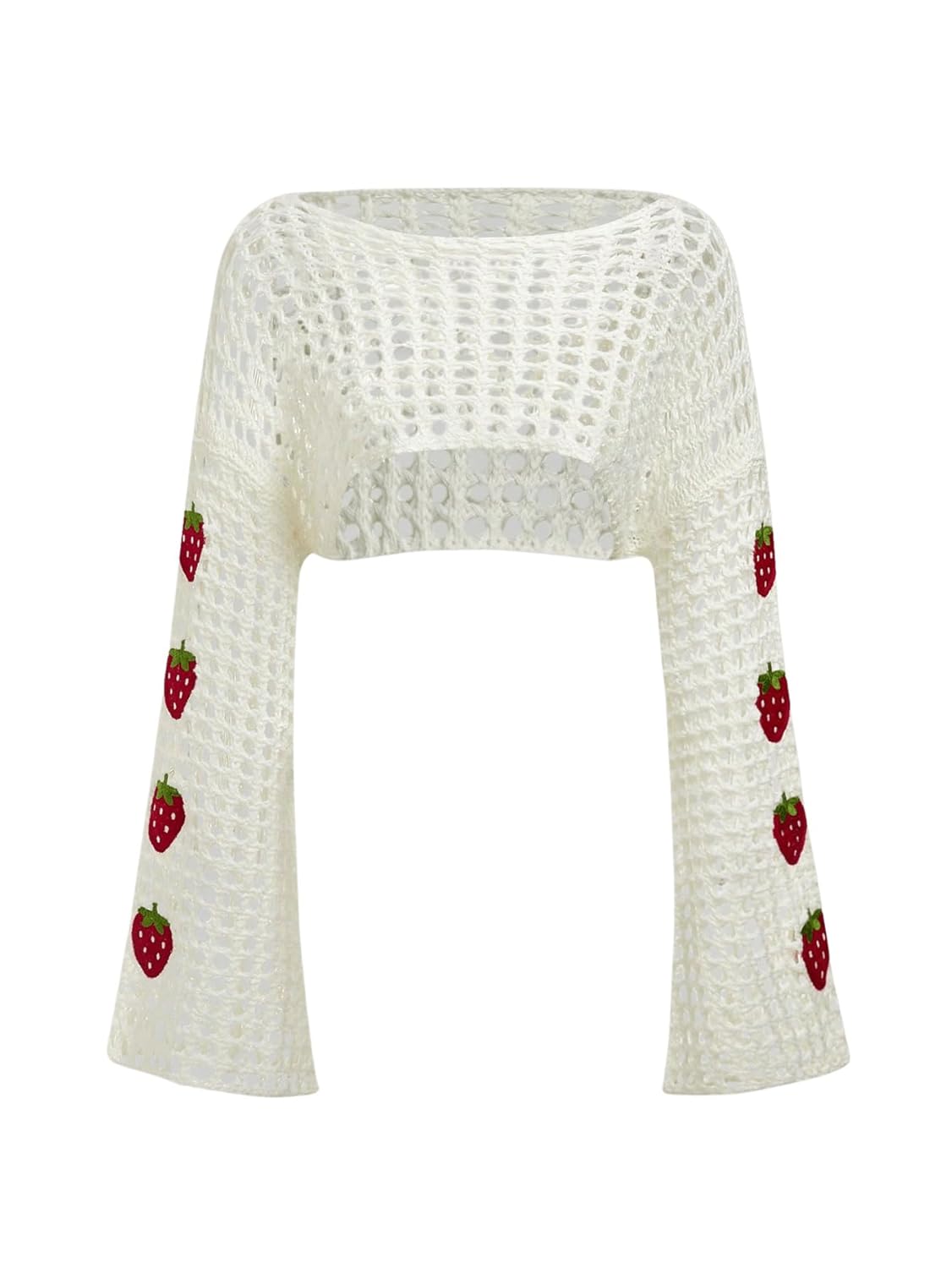 SHENHE Womens Strawberry Top Y2k Knit Shrug Sweater Crochet Crop Hollow Out Long Sleeve See Through Sweater Tops