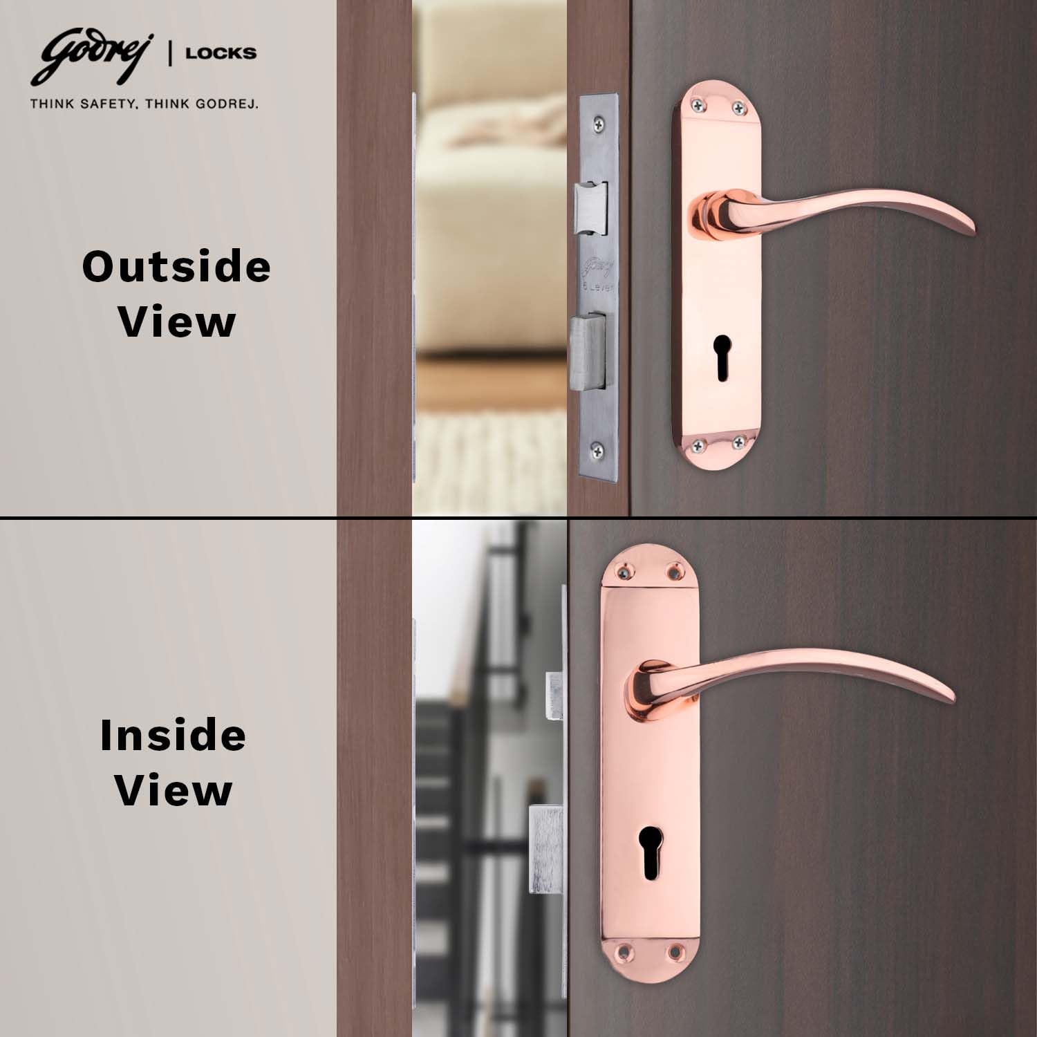 Godrej Mortise Door Lock Handle Set | ELC 02 | 6-Lever Security | Reversible Latch | Corrosion Resistant | for Wooden Doors (Rose Gold Finish) | 1 Year Warranty — Amazon image 2