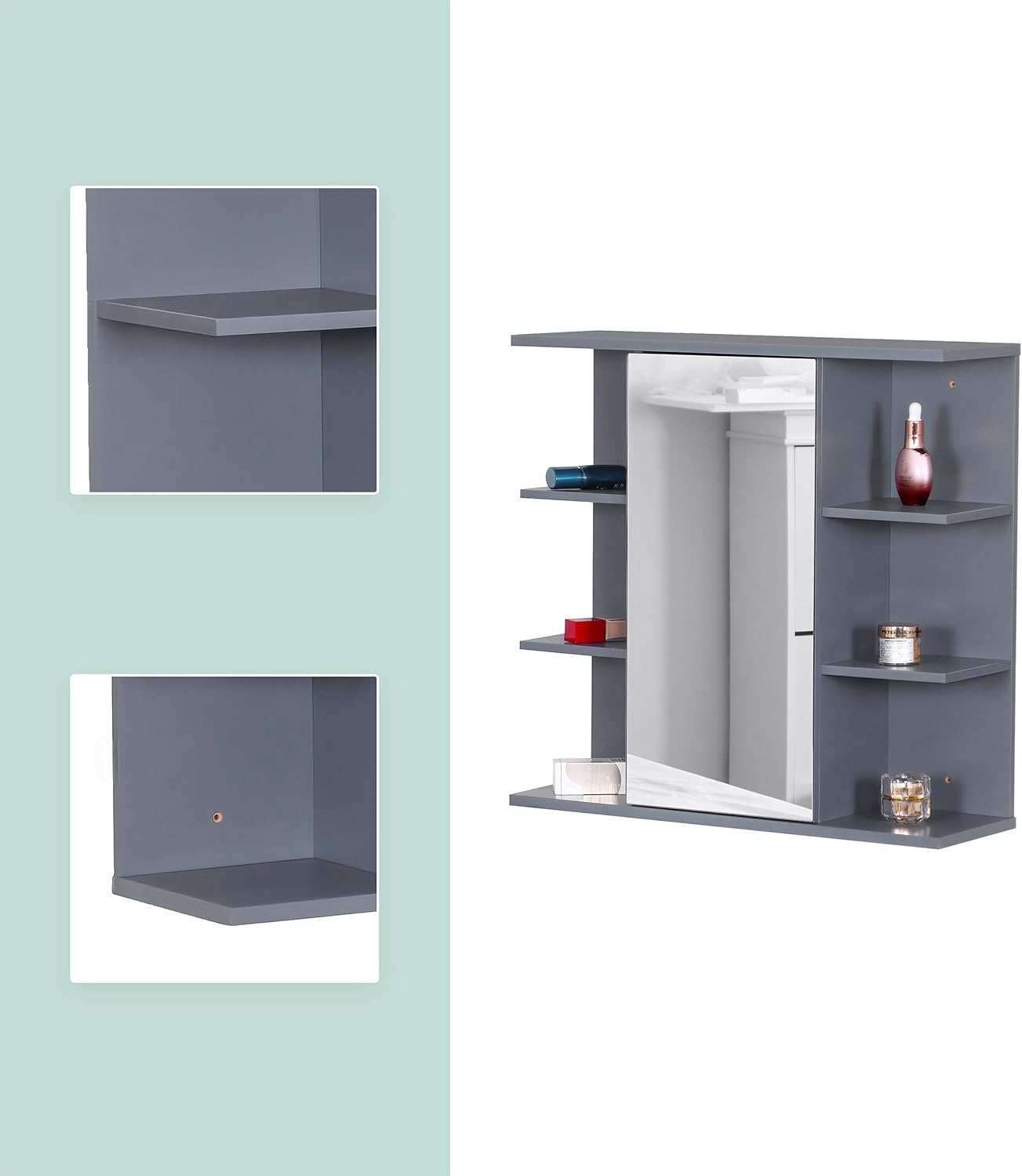 Relaxdays wall-mounted mirror cabinet, 6 shelves, 2 compartments, HxWxD: 64 x 62 x 21 cm, bathroom storage, white