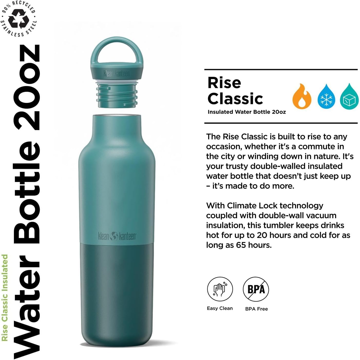 Klean Kanteen Rise Classic Insulated Water Bottle - Keep Drinks Cold for 65 Hours - Stainless Steel - Insulated Water Bottle - Leak & Sweat-Proof - Arch Loop Cap - 20 oz - Brittany Blue - Image 2