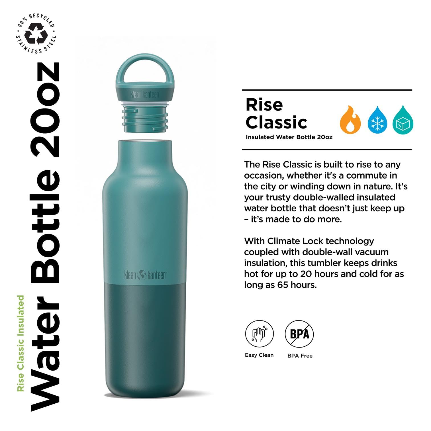 Klean Kanteen Rise klassische Isolierflasche aus Edelstahl, mit Bogenschlaufenverschluss, in der Farbe Brittany Blue, Fassungsvermögen: 590 ml, 1011492
