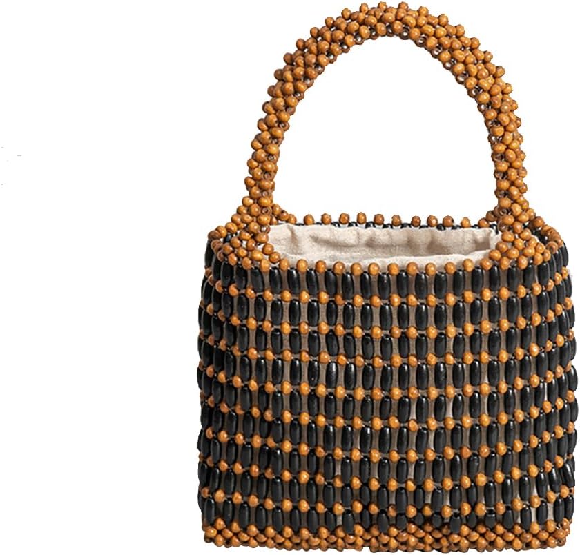 Handwoven Tote Bag for Women Handmade Woven Bucket Bag Drawstring Handbag Bohemian Clutch Bag Summer Beach Bag Wooden Bead Bag Retro Top-Handle Bag for Travel Beach Vacation Daily Use Coffee,