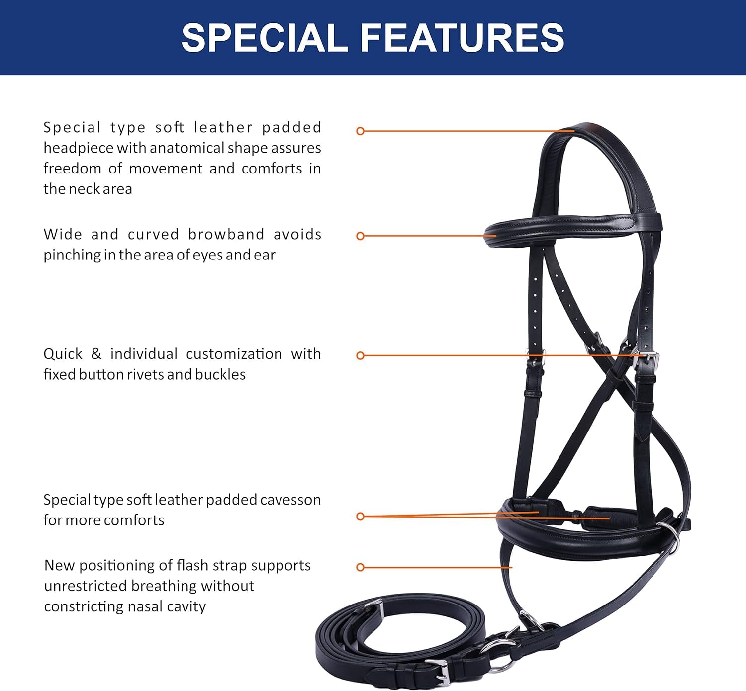 Wonder Care Genuine English Leather Crossover Crossunder Bitless Bridle for Horse Headstall with Reins, Black, Xtra-Large - Image 4