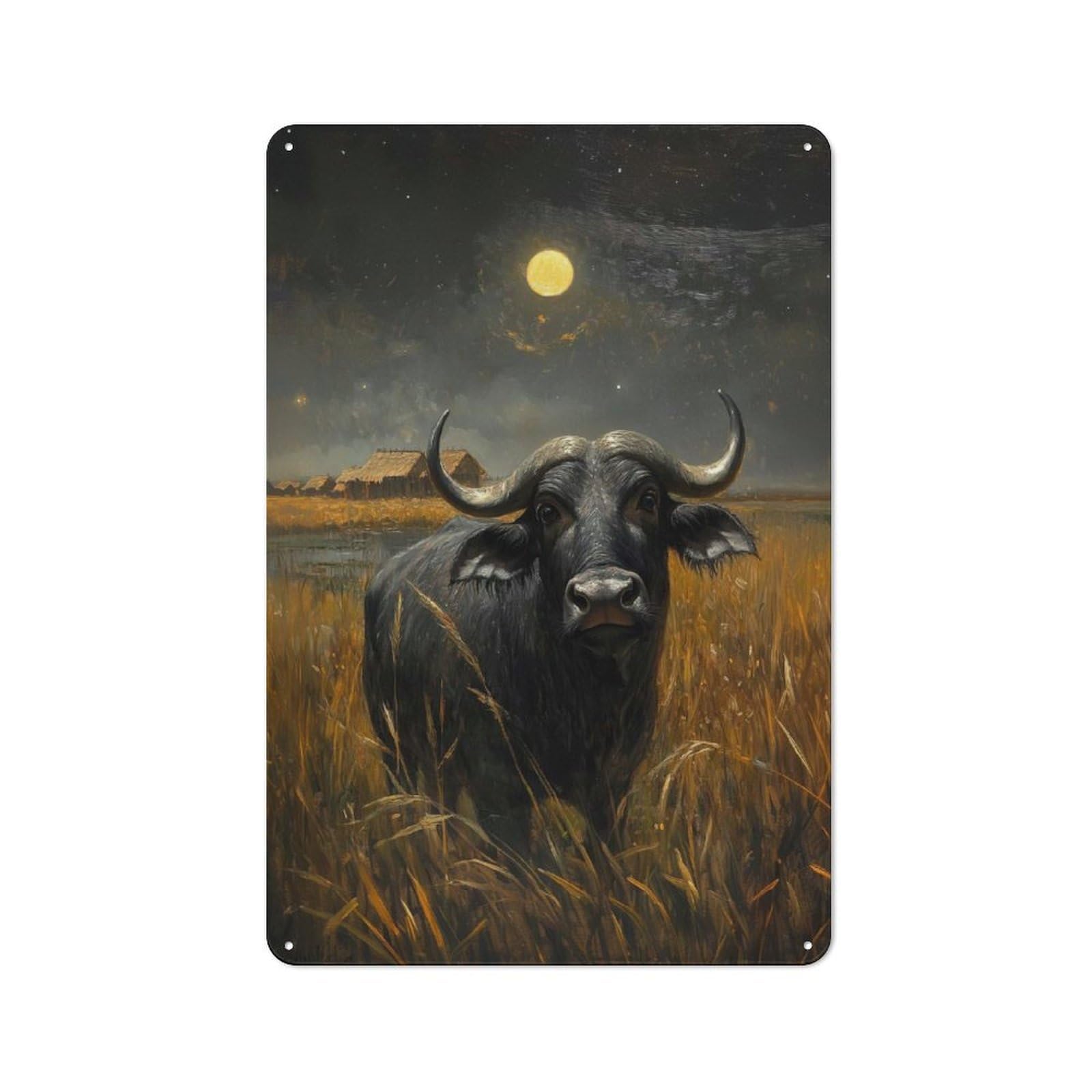 Junmoney Style-24 Tin Wall Plaque 30X20cm With African Buffalo Under Moonlight For Workshop Wall, Housewarming Wall Decor For People Furnishing Workshop