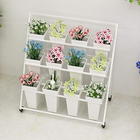 Amazon Co Jp 折りたたみ可能な3層の金属の植物の花の陳列台の棚4つのゴム製キャスター ホイール 角の植物の棚 フロリスト ホームに最適です 色 White And White Diy 工具 ガーデン