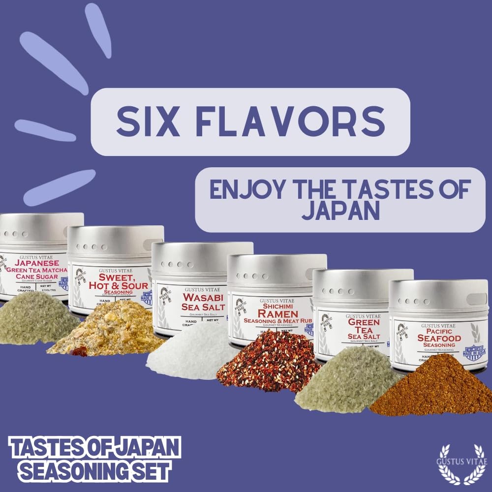Japanese Seasonings Gourmet Gift Set | Tastes of Japan | Artisanal Spice Blends Six Pack | Non GMO, All Natural | No MSG, Gluten, Soy, Nuts | Small Batch, Hand Made Seasonings | No Artificial Ingredients, Ultra Premium Spice Mixes | Made in USA | GLP-1 Friendly | Magnetic Tins | Gustus Vitae | All Occasion Gift