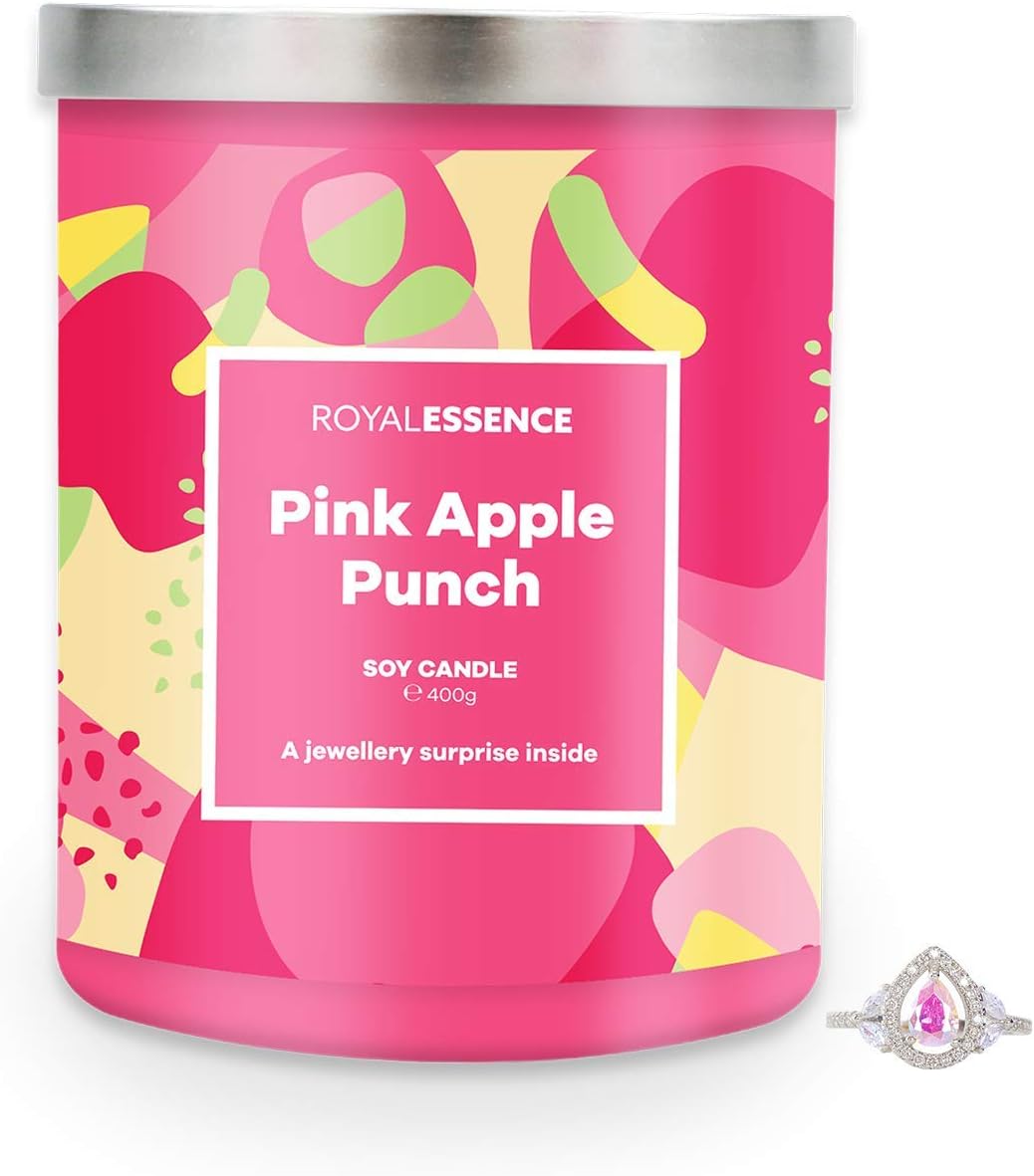 Royal Essence Pink Apple Punch Candle with Surprise Ring Inside (925 Sterling Silver Valued at £50 to £3,000) 90-100 Hours Burn Time, Ring Size 9