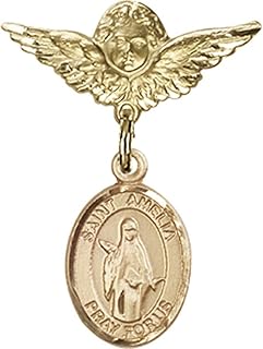 14kt Yellow Gold Baby Badge with St. Amelia Charm and Angel w/Wings Badge Pin 1 X 3/4 inches