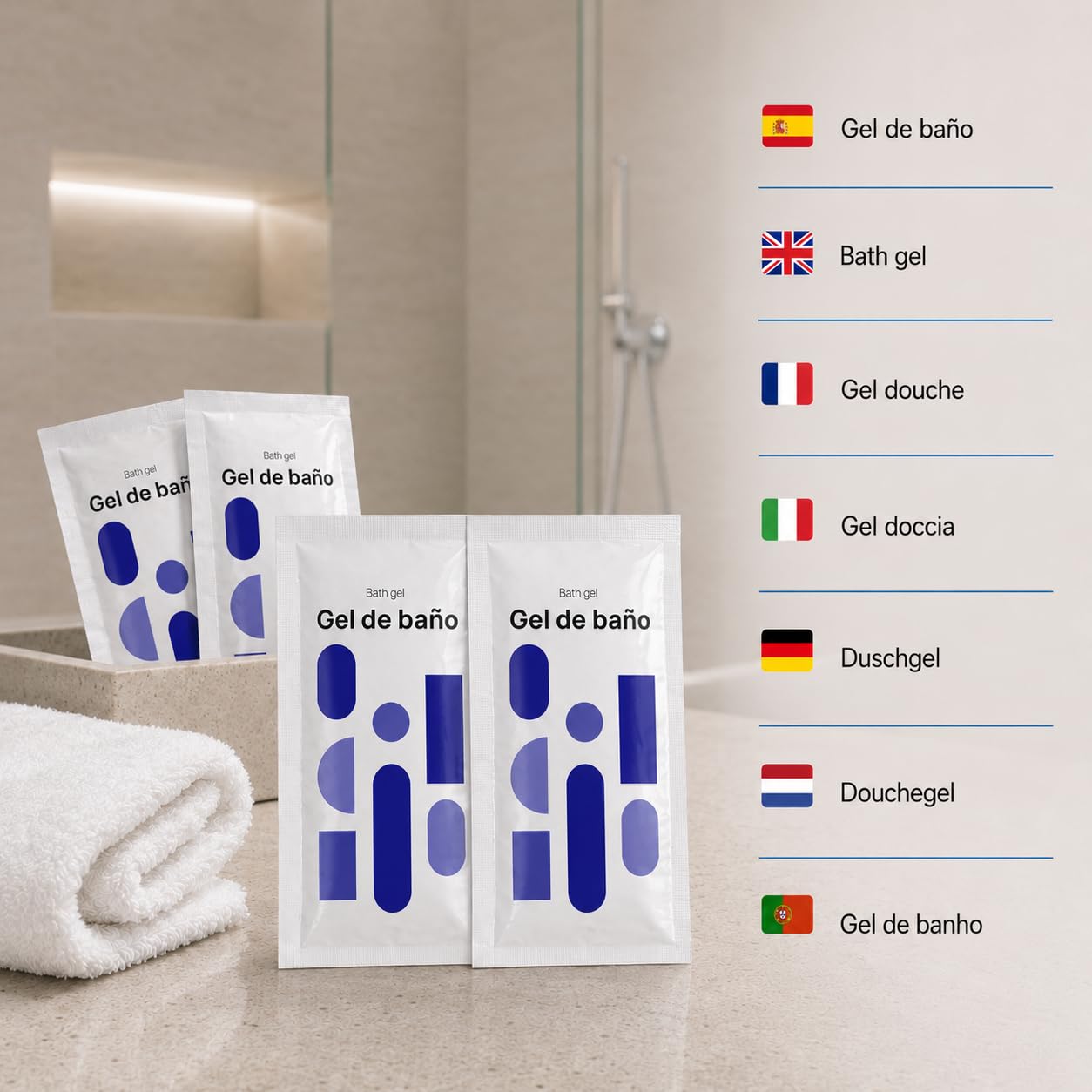 Gel de Baño Sachet Monodosis 8 ml | 1000 Unidades | Amenities Hotel Hostelería | Granel Profesional