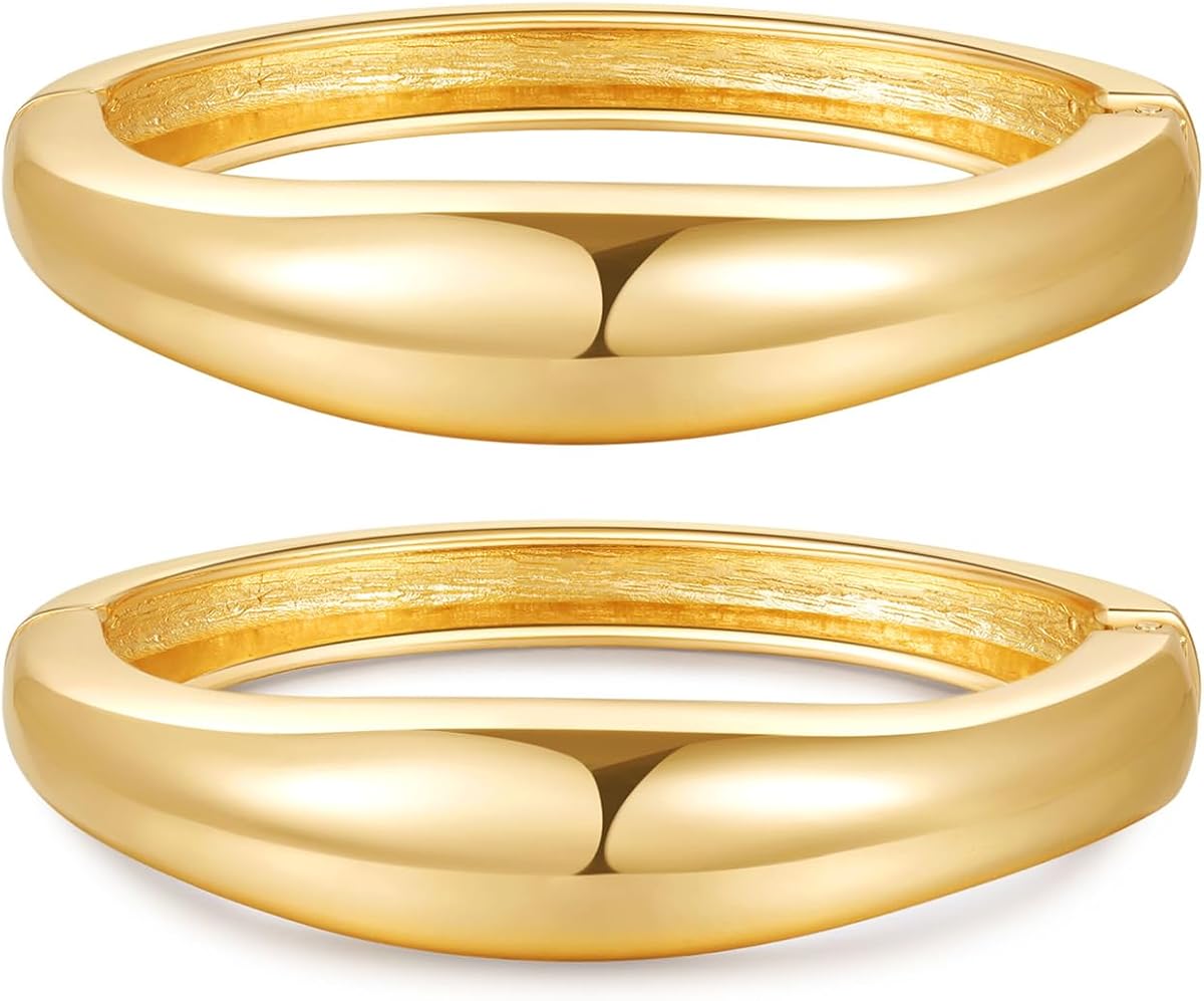 2pcs Gold Bangle Bracelets for Women, Trendy Hinged Cuff Open Wide Chunky Gold Bracelet Stack Arm Cuff Jewelry for Women