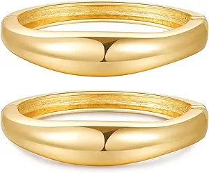 2pcs Gold Bangle Bracelets for Women, Trendy Hinged Cuff Open Wide Chunky Gold Bracelet Stack Arm Cuff Jewelry for Women