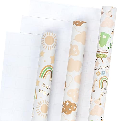 Miniatura 6 de LeZakaa Rollo de papel de regalo para baby shower, mini rollo, traje de bebéarcoíris, solnube para bebé, niño, niña, 17 x 120 pulgadas, 3 rollos
