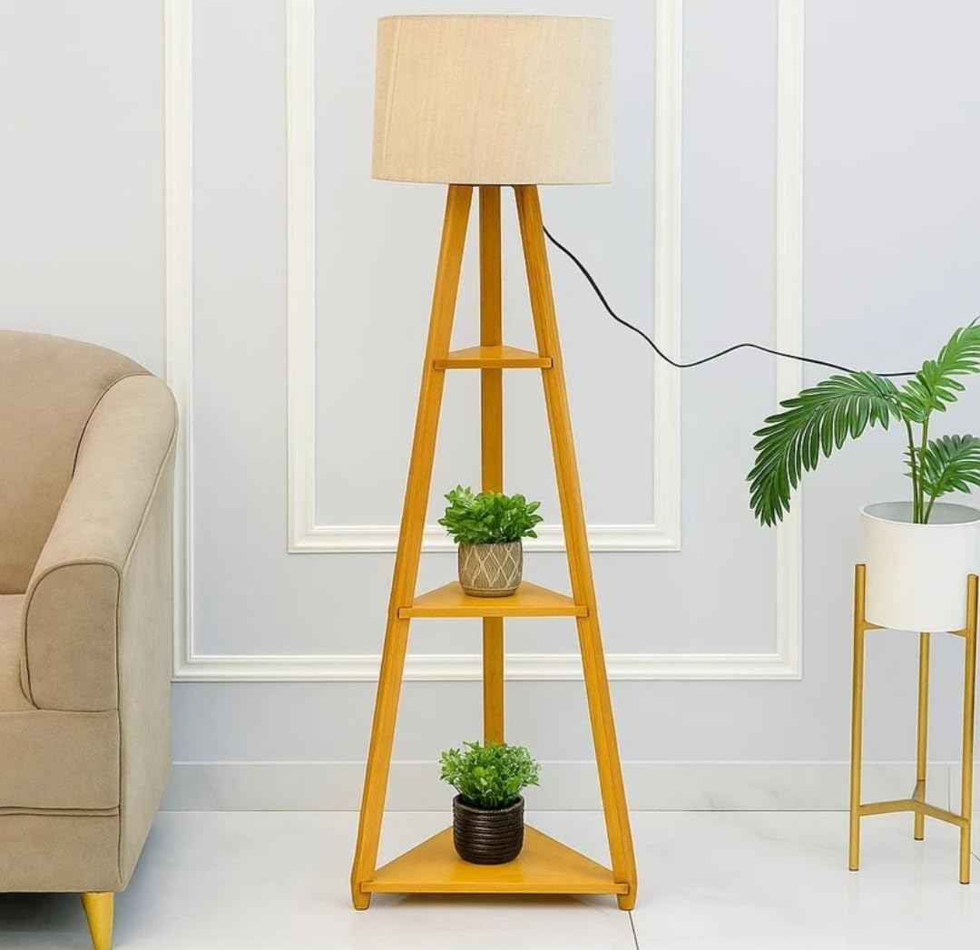 Wooden Tripod Floor Lamp with Shelves, Modern Standing Lamp with Fabric Shade, Decorative Shelf Floor Lamp for Living Room, Bedroom & Home Décor..-picture-14