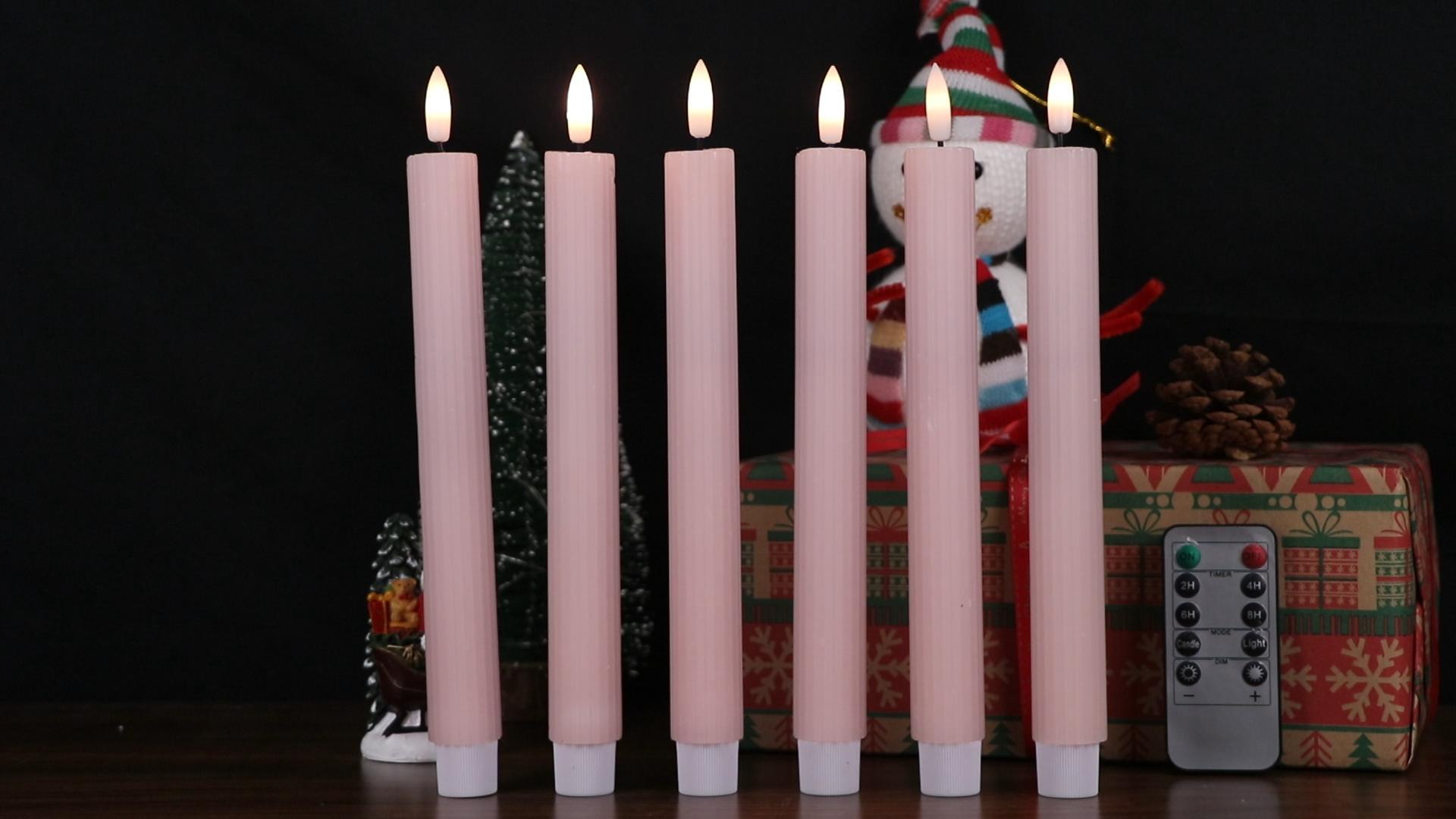 Image of Pink Flameless Flickering Taper Candles Battery Operated with 10-Key Remote and Timer 6 Pack 3D Wick Vertical Stripe Real Wax LED Taper Candles Spring Dinner Holiday Decor(0.78 inch D x 9.64 inch H)