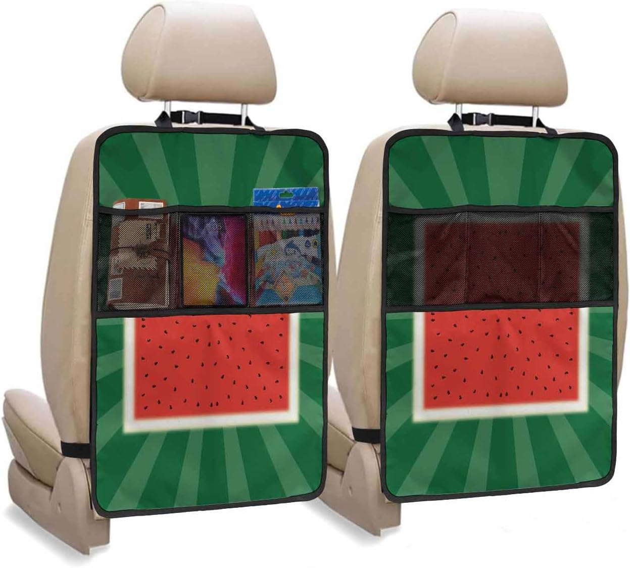 T&H XHome Car Seat Protector, 2 Pack Kick Mats with Organizer - 3 Pocket Storage, Summer Watermelon Fruit Pattern Back Seat Cover for Kids Universal Fit Automotive Interior Protectors
