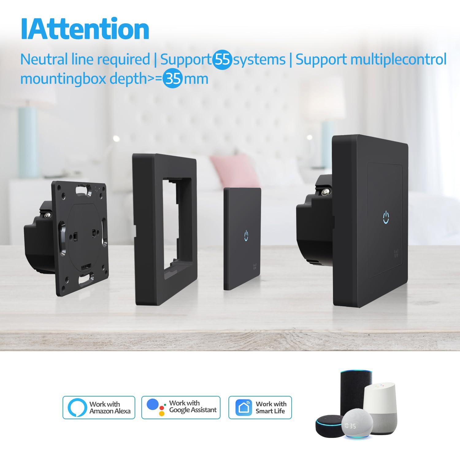 SMARTERCURRY Lot de 4 interrupteurs Wi-Fi intelligents - 1 voie - Pour Alexa et smartphone - En verre trempé - Fonction de minuterie - Noir
