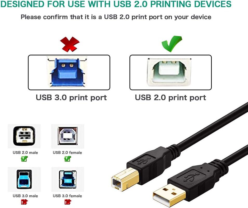 Printer Cable, USB Type A Male to Type B Male Printer Cable for External Hard Drives Printers, Scanners, and Other Peripherals -HP, Canon, Lexmark, Dell, Xerox, Samsung etc (1M(3ft)) image 4