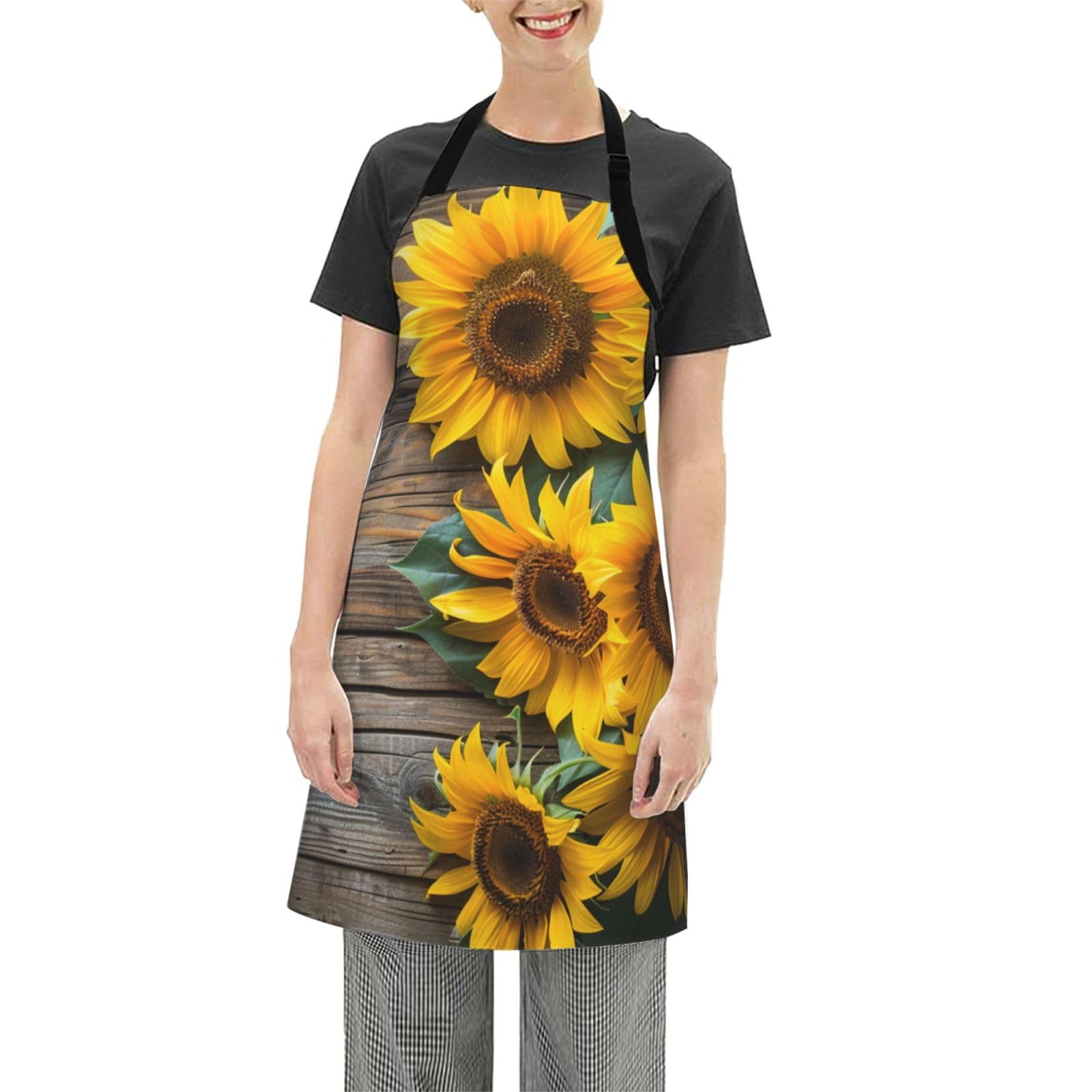 Mount Hour Autumn Sunflowers Wood Pattern, Women Kitchen Apron with Adjustable Neck Adult Size, For Cooking Painting, Gift