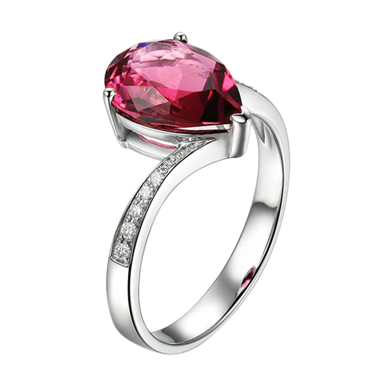 AmDxD Alliance en or blanc véritable 18 carats, bague solitaire rouge tourmaline et diamant en forme de larme rouge