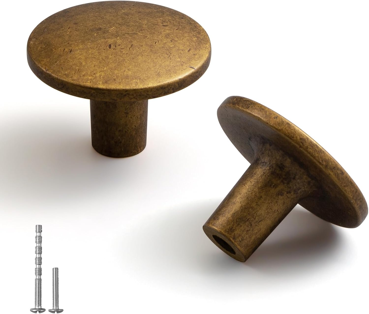 YAGU 10 Pack Antique Brass Kitchen Cabinet Knobs 1-1/2 Inch Round Solid Dresser Drawer Pulls Aged Bronze Furniture Hardware Vintage Brass Knob for Closet Cupboard Wardrobe