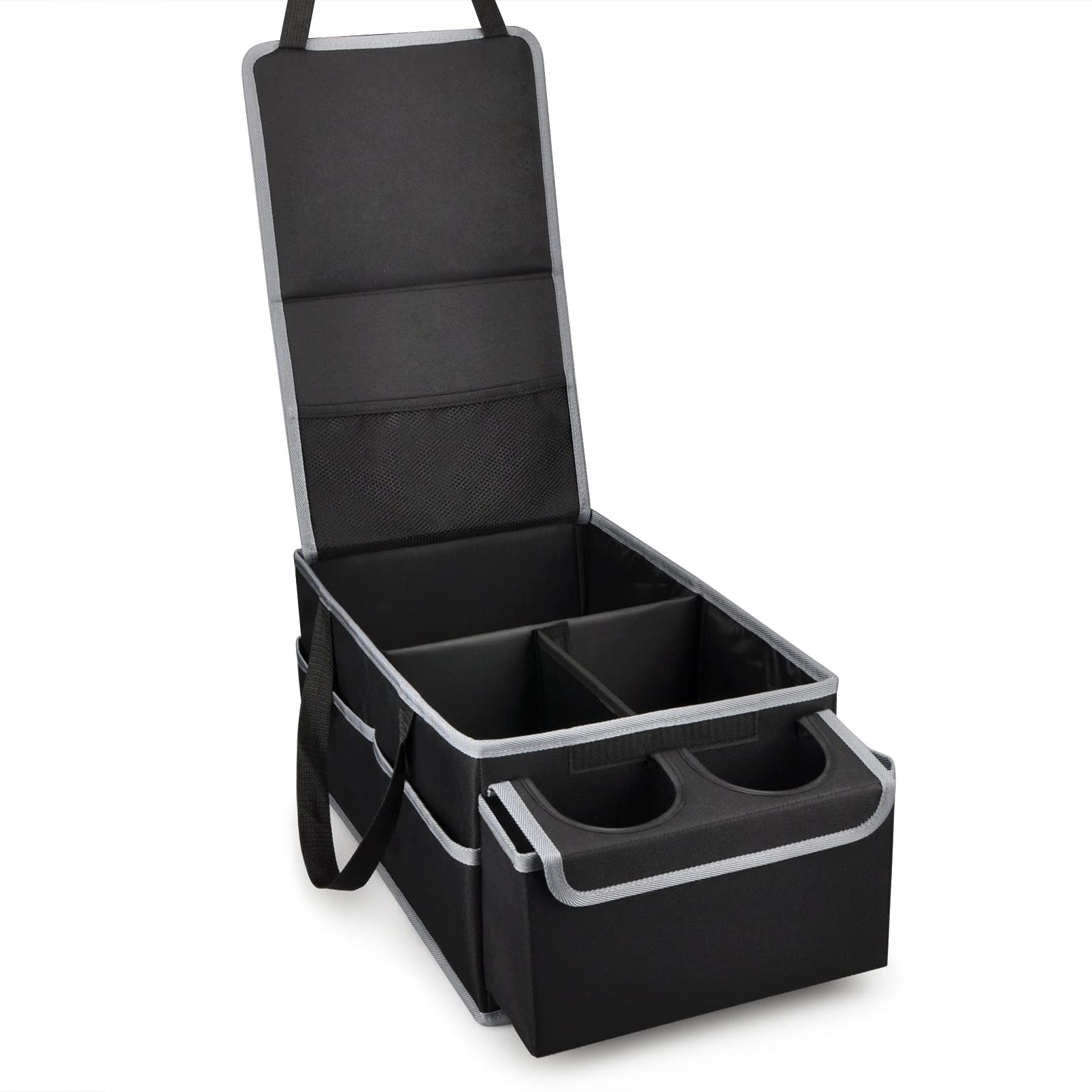 Rangement et rangement pour sièges de voiture, siège avant ou arrière, organisation de chargement et de nourriture, avec couvercle et 1 poche en filet, 2 porte-gobelets avec 4 poches (noir)
