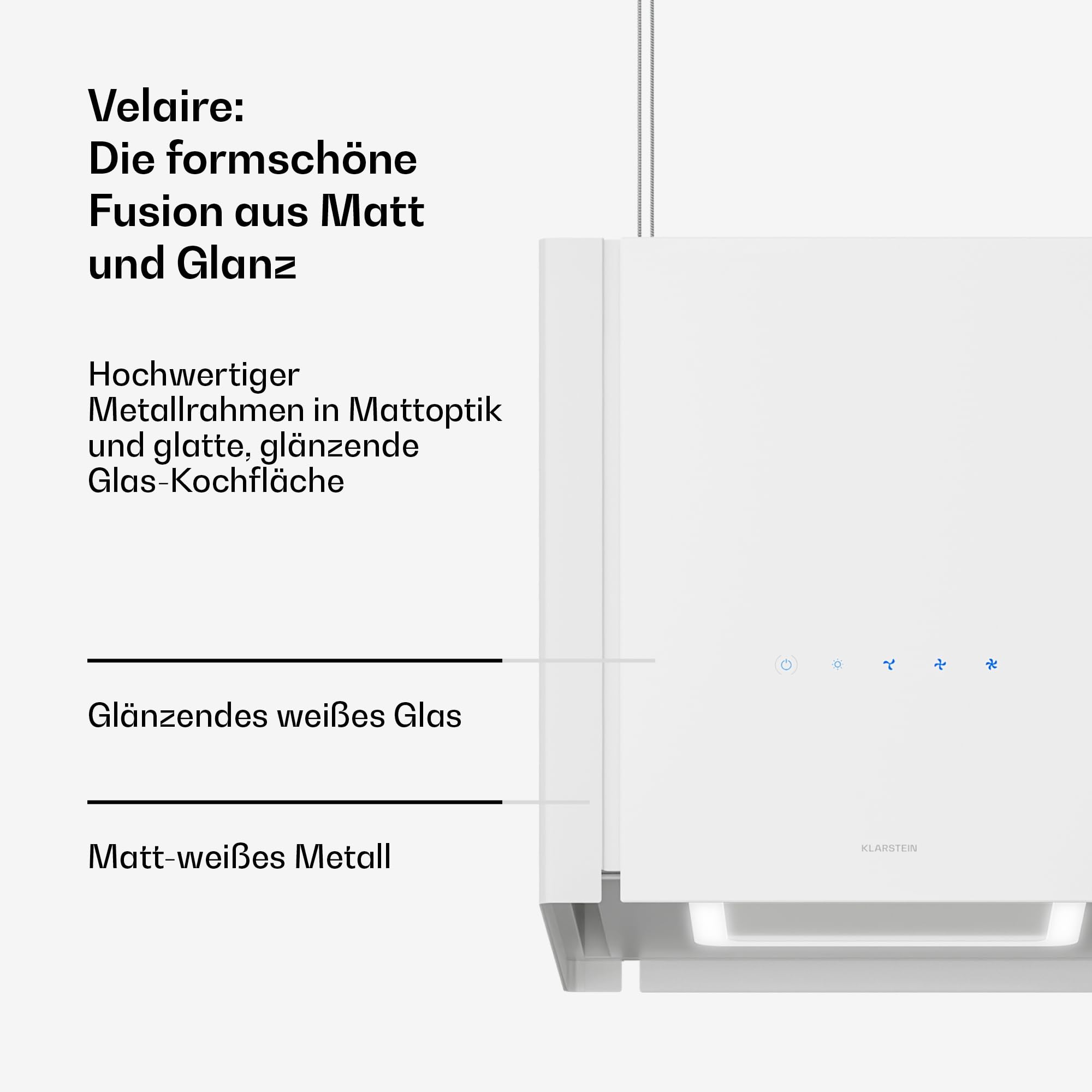 Klarstein Velaire Dunstabzugshaube Deckenhaube 40 cm A++ Energieklasse 601 m³/h Luftstrom Touch-Bedienung LED Liftfunktion Weiß