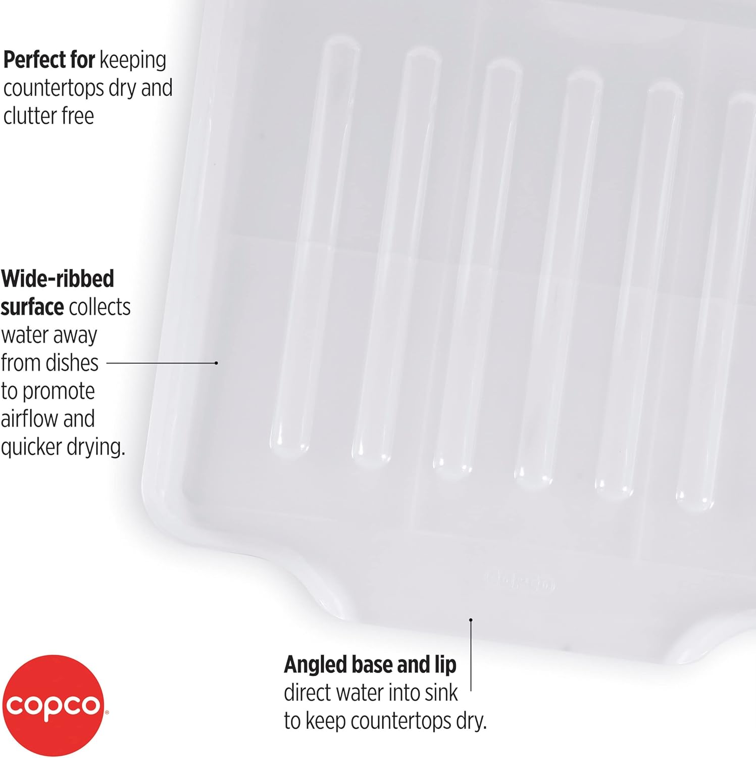 Copco Small Clear Drain Board Fits Under Any Small Dish Rack to Catch Water or for Larger Pots Alone, Angled Base Allows for Self Draining with Raised Ribs to Prevent Water from Puddling