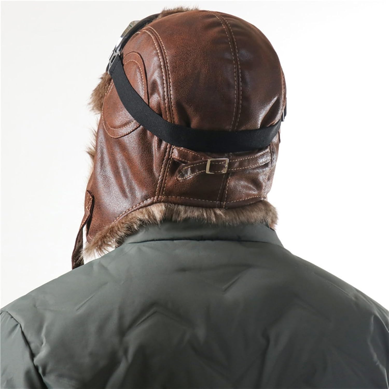 Men's Trapper Winter Hat Leather Aviator Hat with Goggles Fur Hunting Hat with Fur Ear Flaps - Image 9