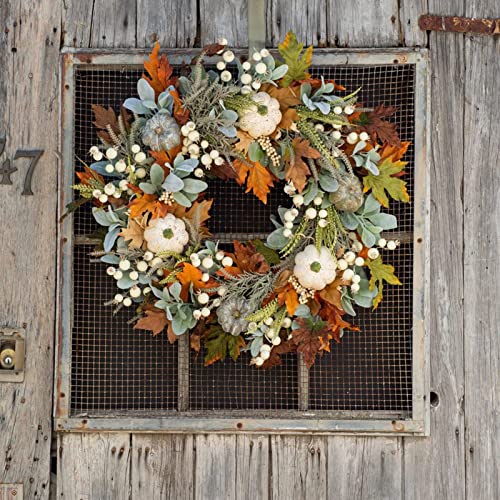 Fall Wreath for Front Door,Autumn Wreath with Maple Leaf,Pumpkins and Berries,White Artificial Pumpkins Wreath,Thanksgiving Wreaths,Maple Leaf Wreath for Window Wall Decor (45cm/17.72in) - Image 7