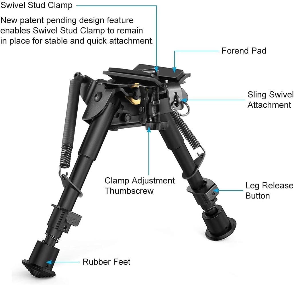6-9 Inch Tactical Swivel Bipod Foldable Notched Legs Pivot Tilt with Pod-loc for Hunting and Shooting