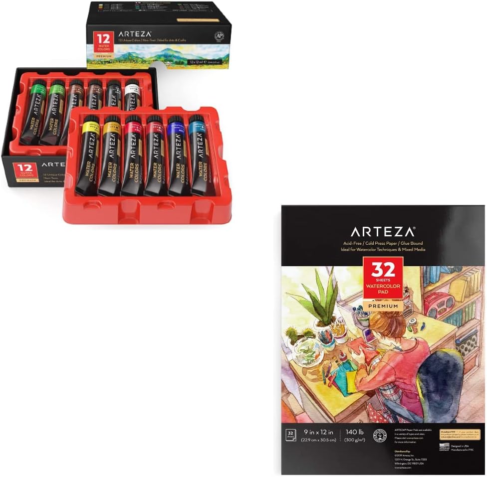 ARTEZA Watercolor Paint, Set of 12 Colors/Tubes and Arteza
