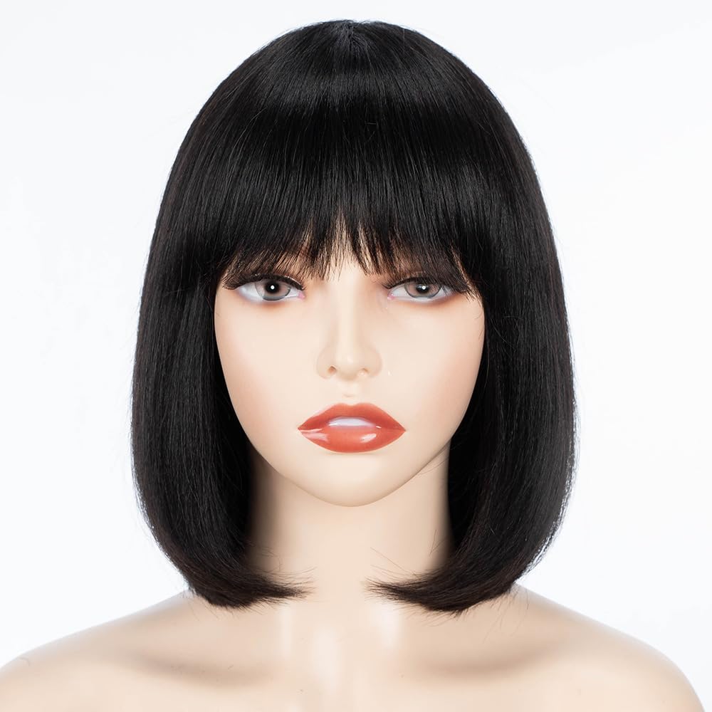 FASHION IDOL Peluca de cabello humano corto y lacio con flequillo para