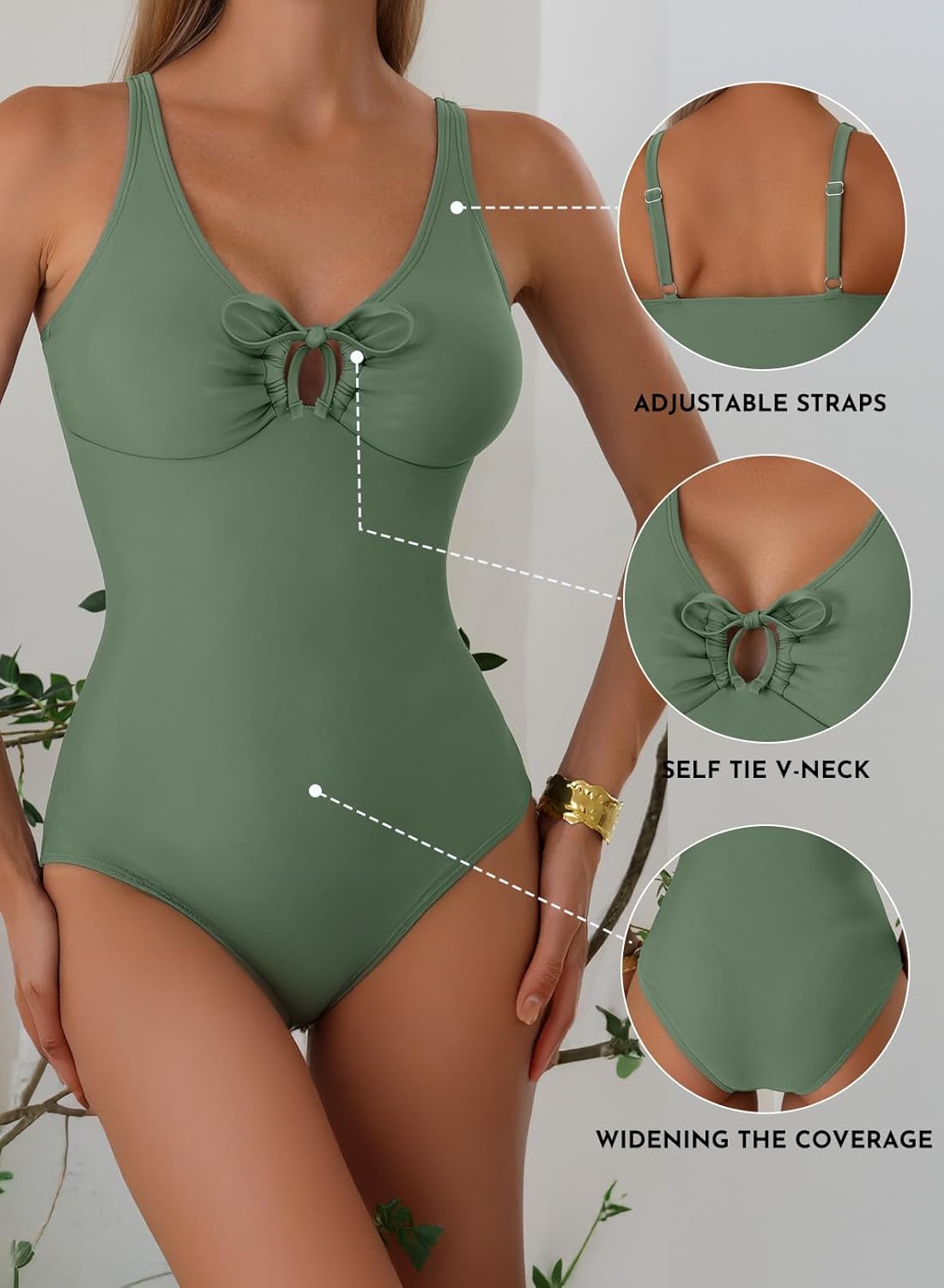 Aleumdr Tummy Control One Piece Bathing Suit for Women V Neck Tie Front Cutout Swimsuit High Cut Slimming Swimwear - Image 5