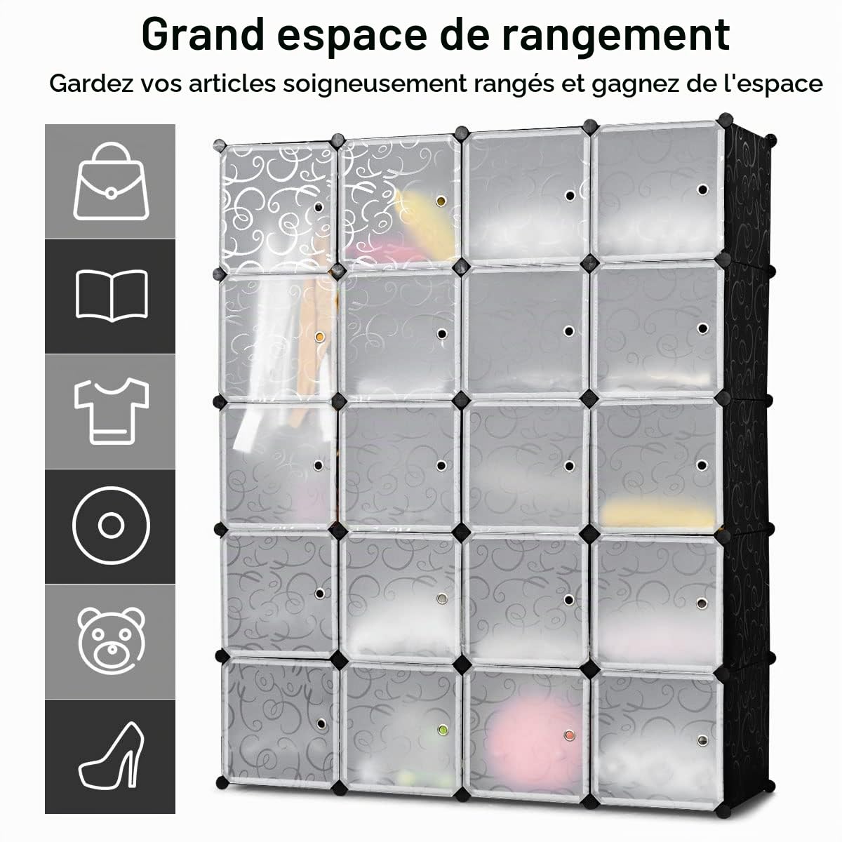 GOPLUS Armoire Penderie Portable, Étagère de Rangement Modulable en Plastique, Bricolées & Empilables avec Portes, Crochets, Dispositif Anti-Renversement pour Chambre (20 Cubes)