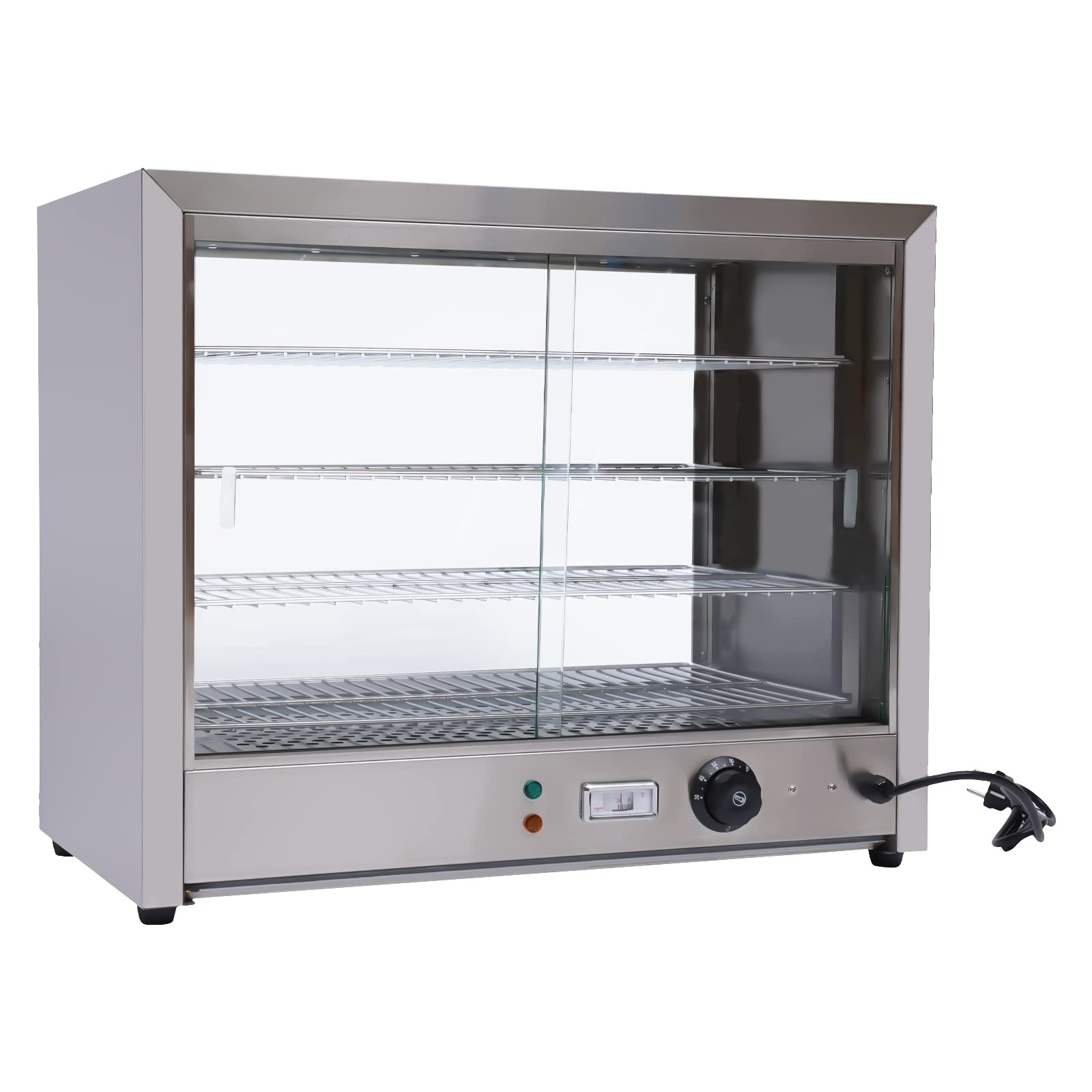 Vetrina calda con illuminazione a 4 ripiani, per ristorazione, contenitore caldo, 30 – 85 °C, 800 W, acciaio inox e vetro temperato