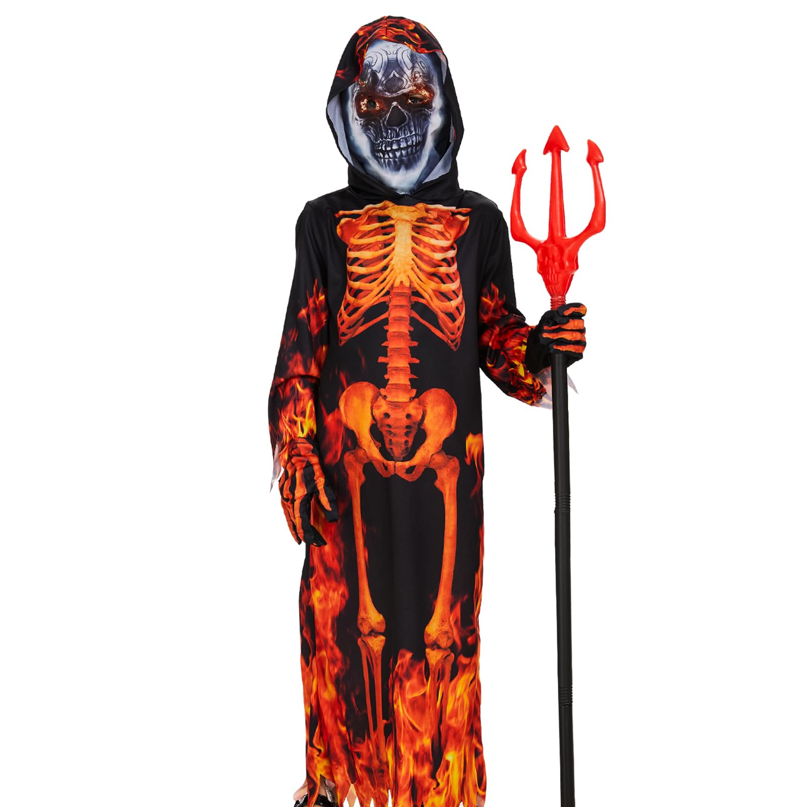 Herenear Children's Costume Devilish Skeleton, Grim Reaper Costume for Children with Skull Mask Gloves, Skeleton Costume Halloween Carnival Party Decoration Cosplay Costume Set