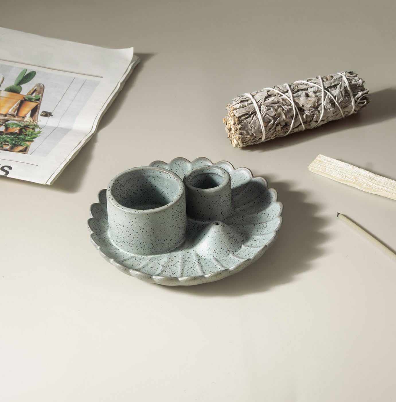 Soporte Salvia, 3 en 1 Cerámica Soporte de Incienso para Palo Santo, Salvia, Bandeja Colectora de Cenizas Hecha a Mano para Sala Meditación