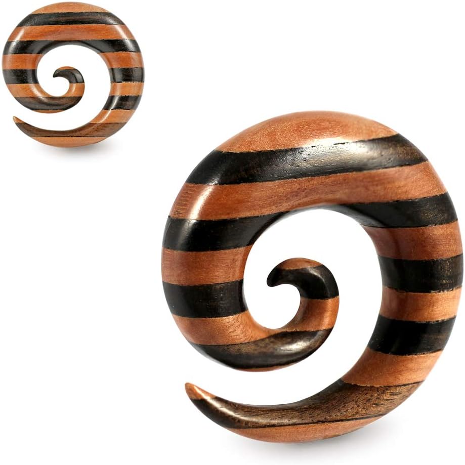 Organic Stripe Iron and Saba Wood Spiral Tapers - Expander - Stretching - Gauge Ear Plug Body Piercing Jewelry
