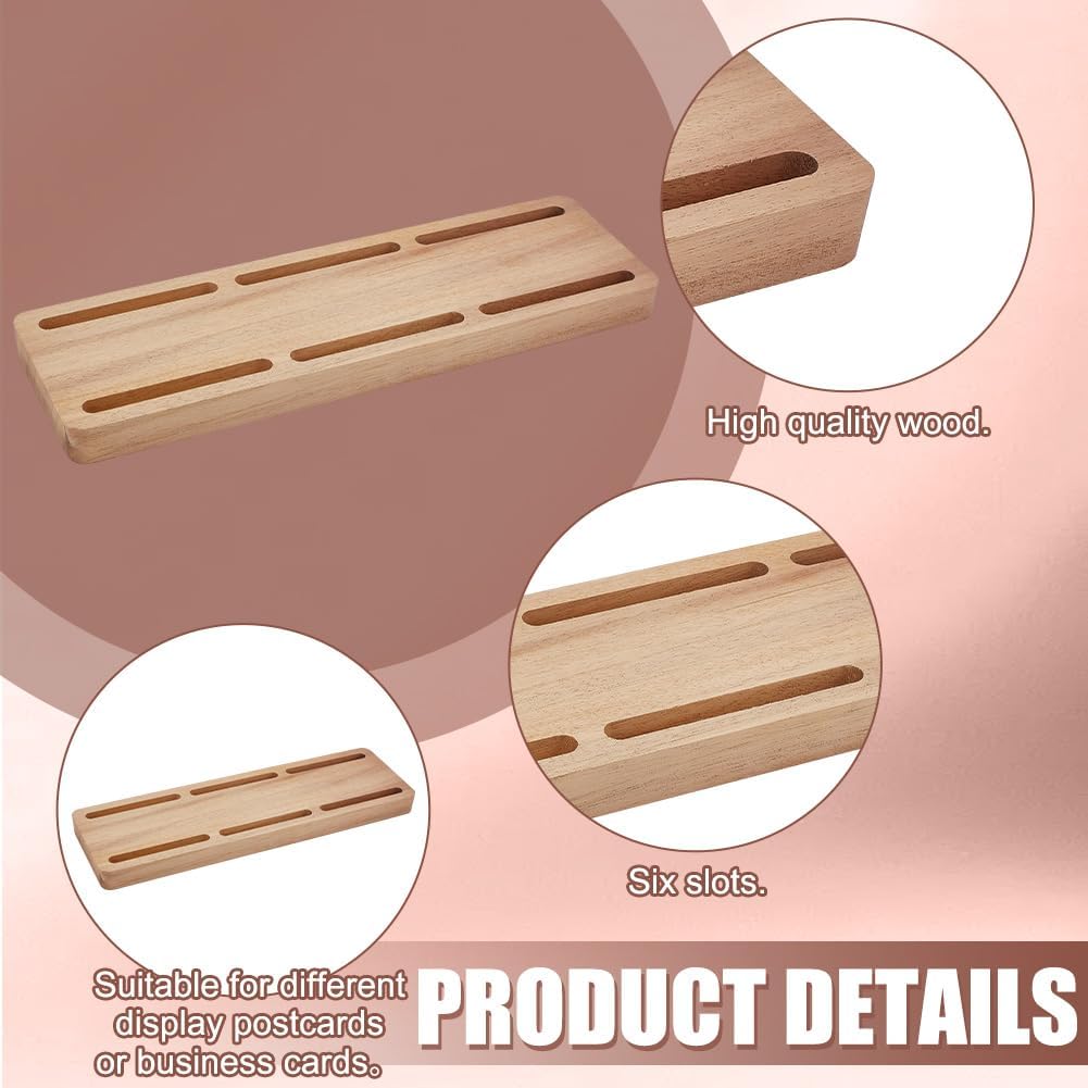 INFUNLY Wood Business Card Holder for Desk 12.8"×3.94" Wooden Business Card Display Stand 6 Card Slots Postcard Holder Wood Business Card Organizer Desktop Card Holders for Office Home Tabletop