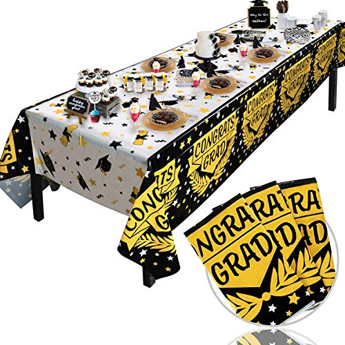 Tifeson 3PCS 2023 Graduation Tablecloths Plastic - Congrats Grad Thick Disposable Plastic Table Covers - Graduation Decorations 2023, Grad 2023 Party Supplies Black and Gold (54