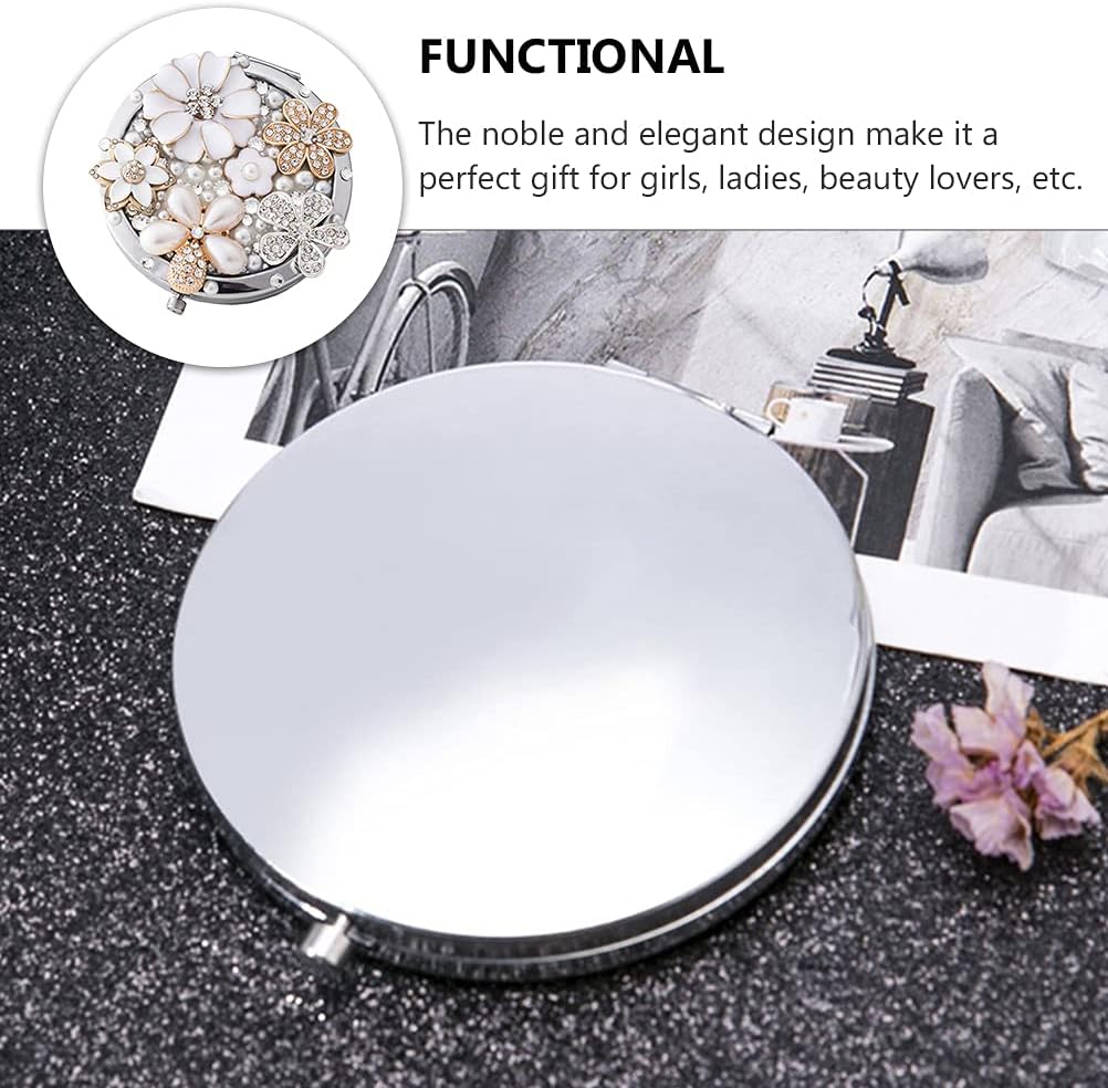 BESTOYARD 手鏡 両面ミラー コンパクト かわいい 小型 コンパクトミラー 双面 化粧鏡 金属 女優ミラー 拡大鏡 コンパクト デイジー パール ラインストーン 折り畳み